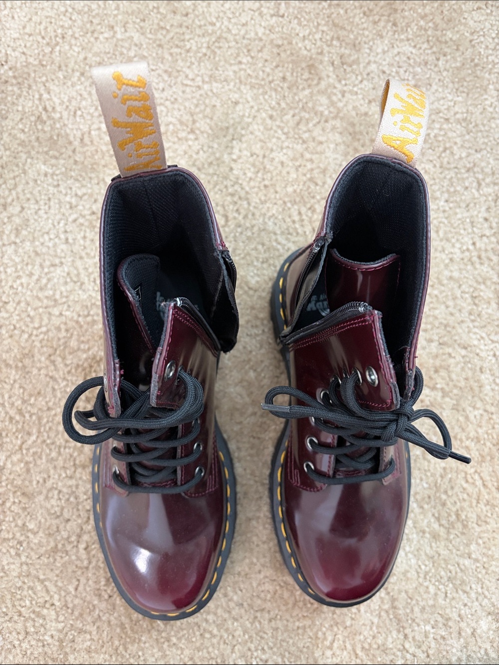 Dr. Martens Burgundy Lace-Up Platform Boots with Yellow Stitching - Picture 4 of 7